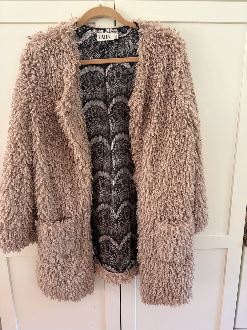 LARK Shaggy Faux Fur Teddy Coat w/Black Lace Lining | Taupe | M